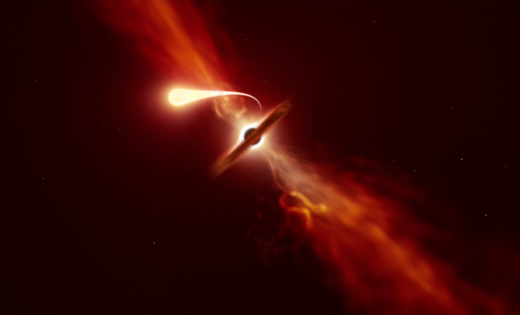 An illustration of a tidal disruption event in space