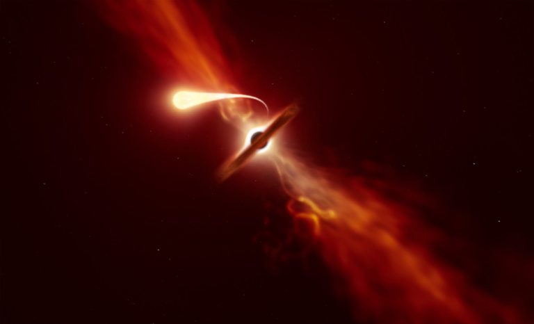 An illustration of a tidal disruption event in space
