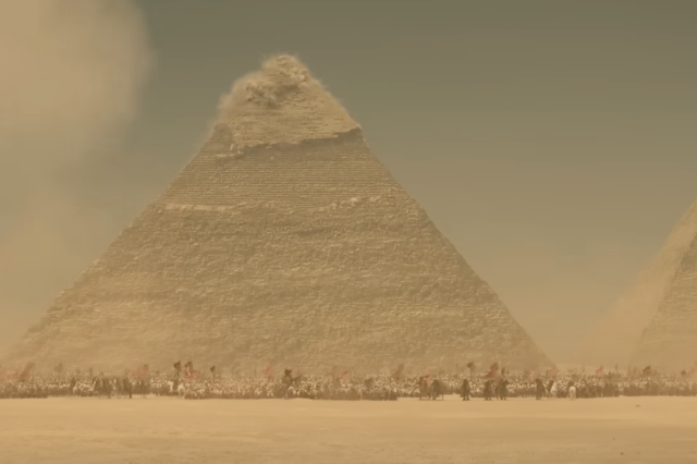 Did Napoleon really shoot at the pyramids at Giza? A screenshot from the trailer Napoleon. Image Credit: Youtube.