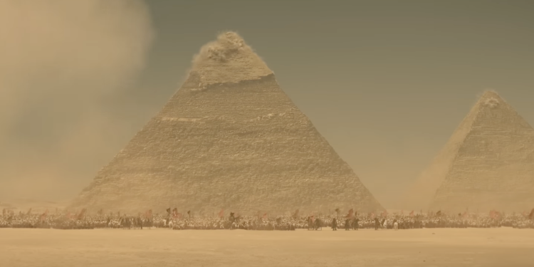 Did Napoleon really shoot at the pyramids at Giza? A screenshot from the trailer Napoleon. Image Credit: Youtube.