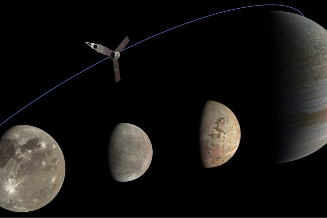An illustration showing Juno's close flyby of Io and Jupiter. NASA/JPL-Caltech/SwRI/MSSS. Image processing: Kevin M. Gill (CC BY); Thomas Thomopoulos (CC BY)