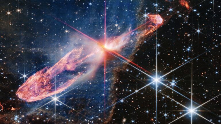 Webb near-infrared image of the jets and surrounding nebula of Herbig-Haro 46/47.