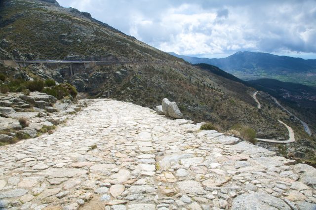 A photograph showing a Roman road. Yayimages.