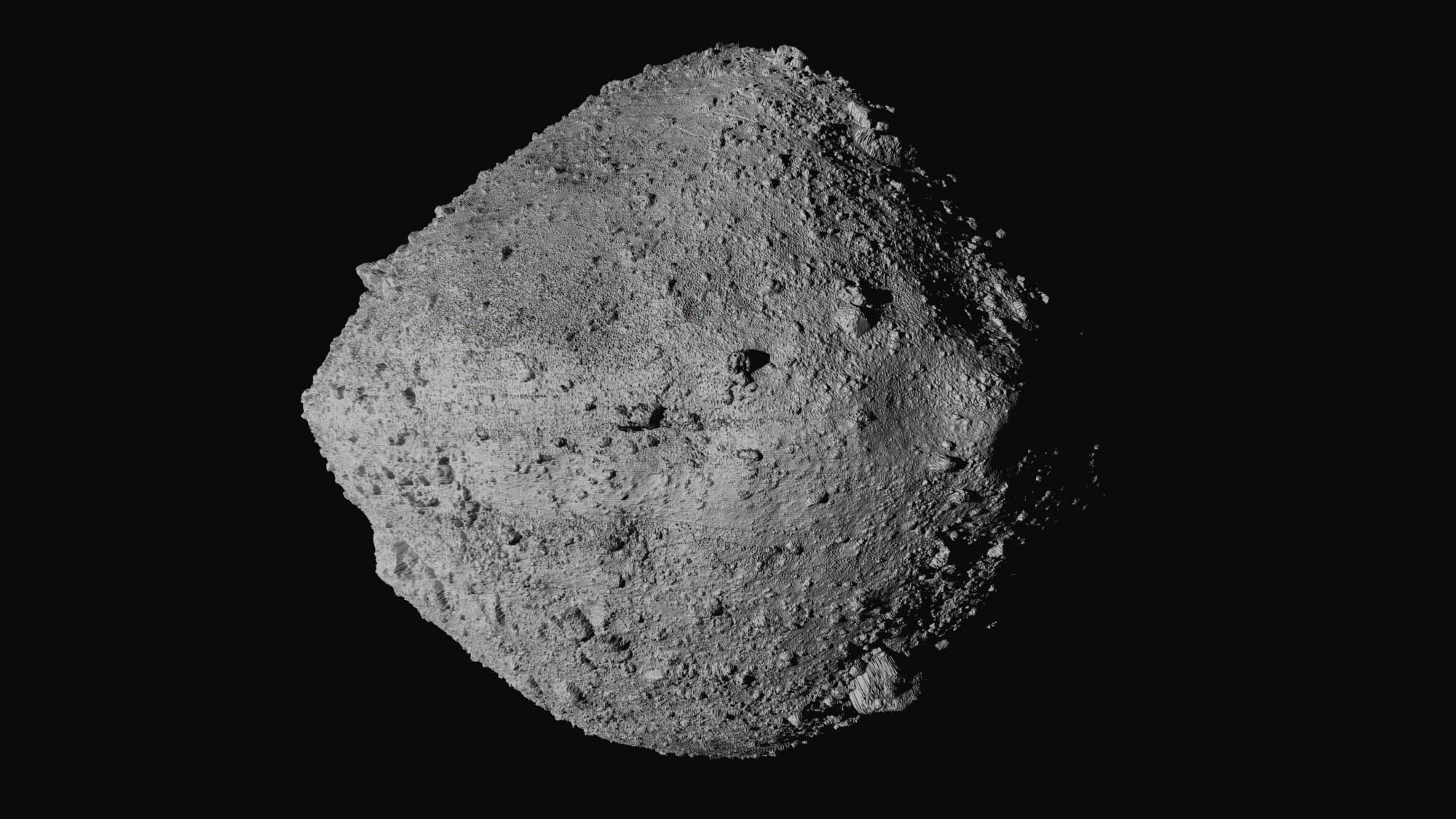 An image of asteroid Bennu. NASA/Goddard/University of Arizona/CSA/York/MDA.