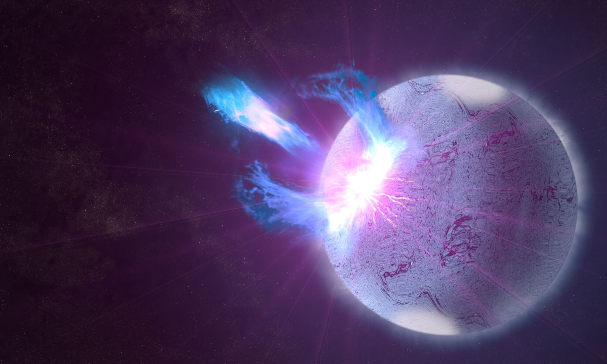 Illustration of a strongly magnetized neutron star, referred to as a magnetar. Image courtesy of NASA's Goddard Space Flight Center/S. Wiessinger.