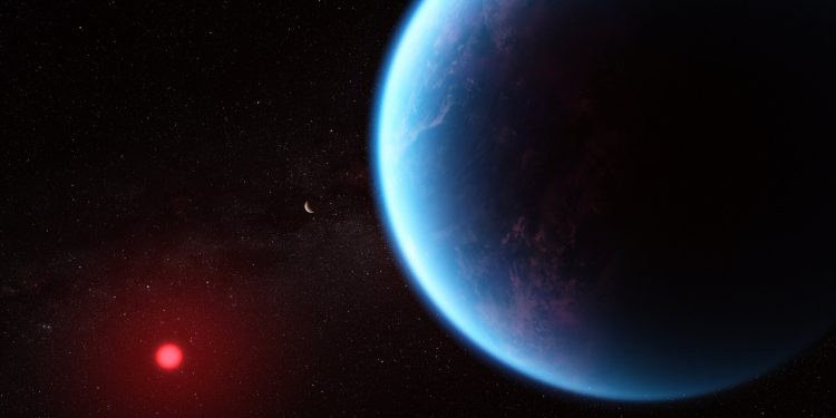 Exoplanet K2-18 b (Illustration). NASA, CSA, ESA, J. Olmstead (STScI), N. Madhusudhan (Cambridge University)