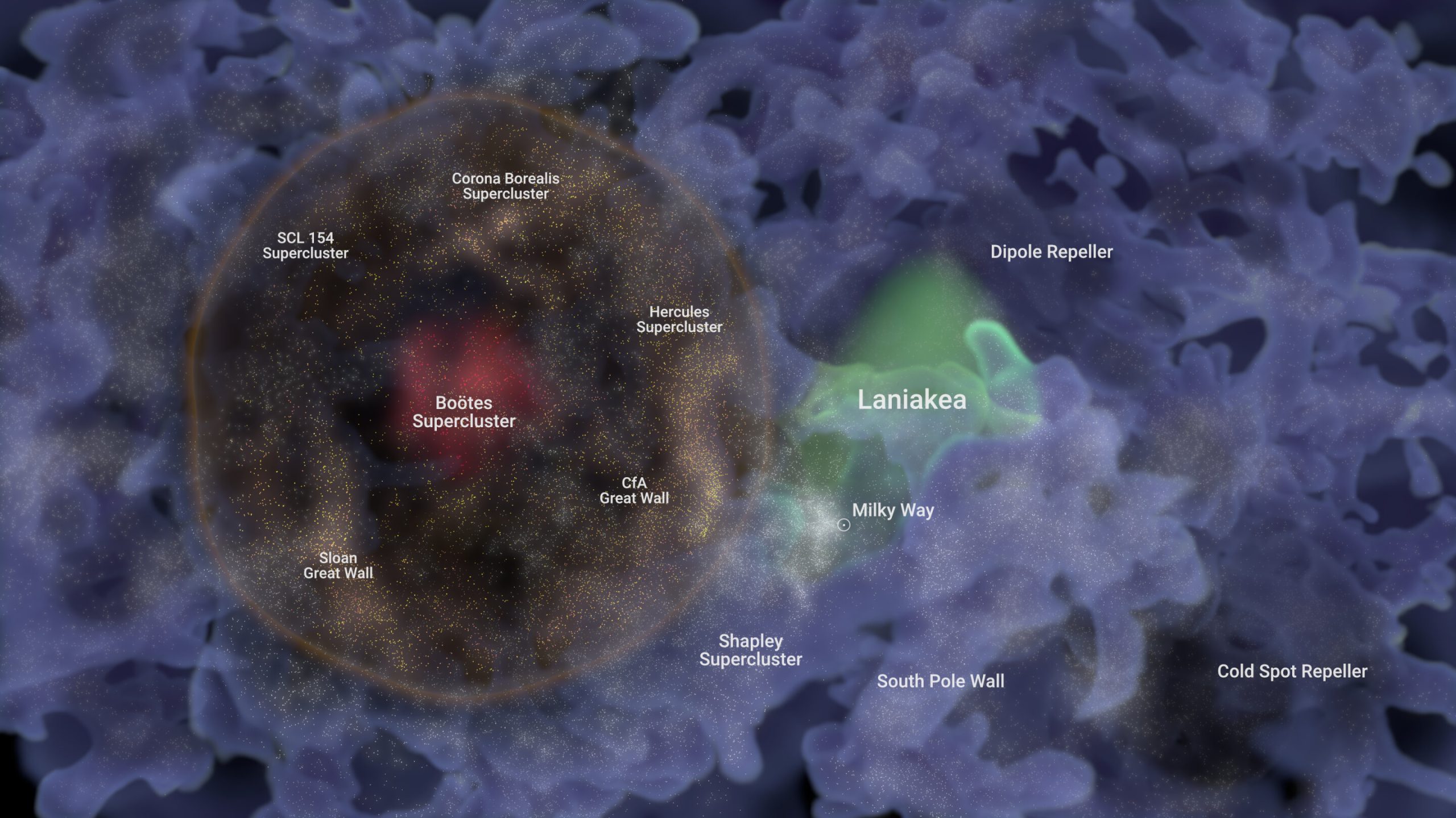 The crimson area (on the left) depicts the casing defined by the Baryon Acoustic Oscillation, where each galaxy is represented by minute glowing dots. The azure strands illustrate the expansive Cosmic Web, emphasizing previously identified structures such as Laniākea. Acknowledgment: Frédéric Durillon of Animea Studio; Daniel Pomarède from IRFU, CEA University Paris-Saclay.