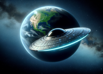 An illustration of a UFO with the Earth in the background. Credit: Curiosmos.