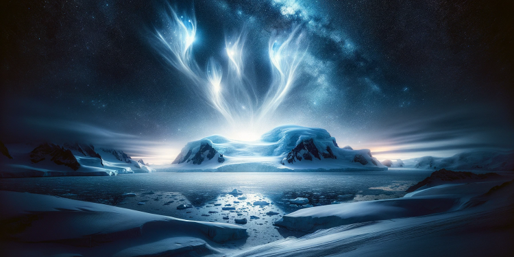 An illustration of Antarctica at night.