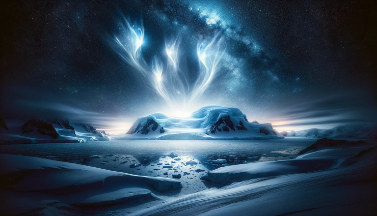 An illustration of Antarctica at night.