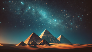 An illustration showing the pyramids of Egypt beneath the stars.
