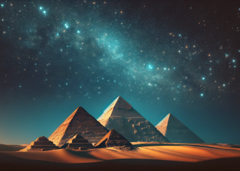 An illustration showing the pyramids of Egypt beneath the stars.