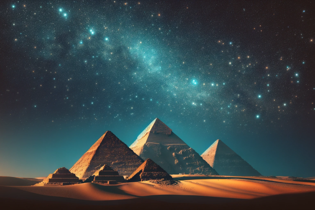 An illustration showing the pyramids of Egypt beneath the stars.