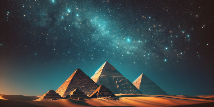 An illustration showing the pyramids of Egypt beneath the stars.