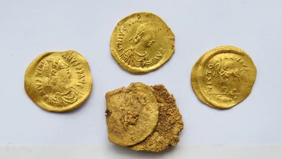 Sixth-century gold coins discovered during the excavation at Debnevo, Bulgaria. The front of the coins features Byzantine Emperor Justinian the Great adorned with a pearl diadem. (Image credit: Stiliyan Ivanov/National Archaeological Institute with Museum at the Bulgarian Academy of Sciences).