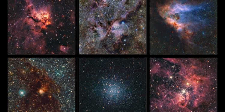 This striking collage offers a glimpse into several distinct regions of the Milky Way, each part of the most detailed infrared survey ever created of our galaxy. Featured from top to bottom and left to right, the regions include: NGC 3576, NGC 6357, Messier 17, NGC 6188, Messier 22, and NGC 3603. Except for Messier 22, which is a dense cluster of ancient stars, all the other regions are active stellar nurseries, where stars are continuously being born from clouds of gas and dust. Captured by ESO’s VISTA telescope with its VIRCAM infrared camera, this collection is just a fraction of a massive galactic map. The full dataset spans 13 years of observations and holds information on an incredible 1.5 billion cosmic objects, gathered as part of the VISTA Variables in the Vía Láctea (VVV) and VVVX surveys. Credit: ESO/VVVX survey.