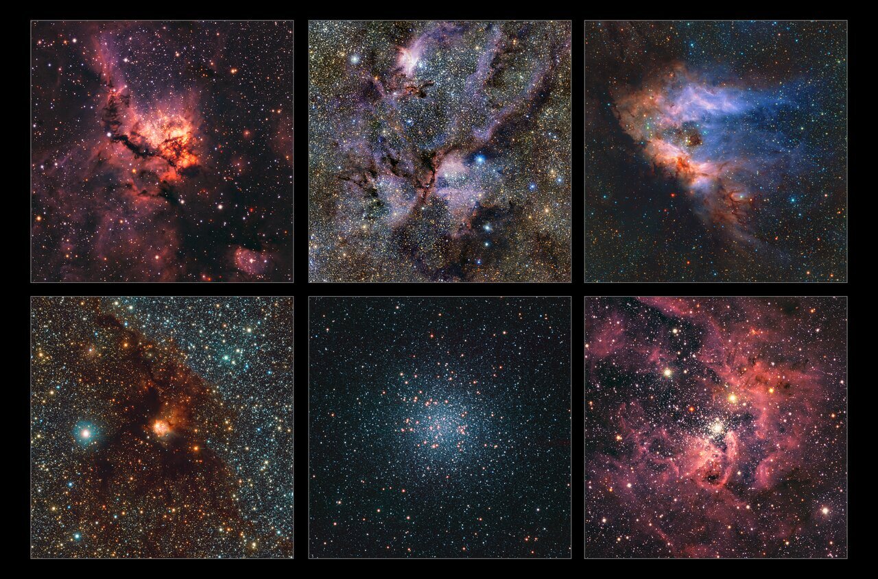 This striking collage offers a glimpse into several distinct regions of the Milky Way, each part of the most detailed infrared survey ever created of our galaxy. Featured from top to bottom and left to right, the regions include: NGC 3576, NGC 6357, Messier 17, NGC 6188, Messier 22, and NGC 3603. Except for Messier 22, which is a dense cluster of ancient stars, all the other regions are active stellar nurseries, where stars are continuously being born from clouds of gas and dust. Captured by ESO’s VISTA telescope with its VIRCAM infrared camera, this collection is just a fraction of a massive galactic map. The full dataset spans 13 years of observations and holds information on an incredible 1.5 billion cosmic objects, gathered as part of the VISTA Variables in the Vía Láctea (VVV) and VVVX surveys. Credit: ESO/VVVX survey.