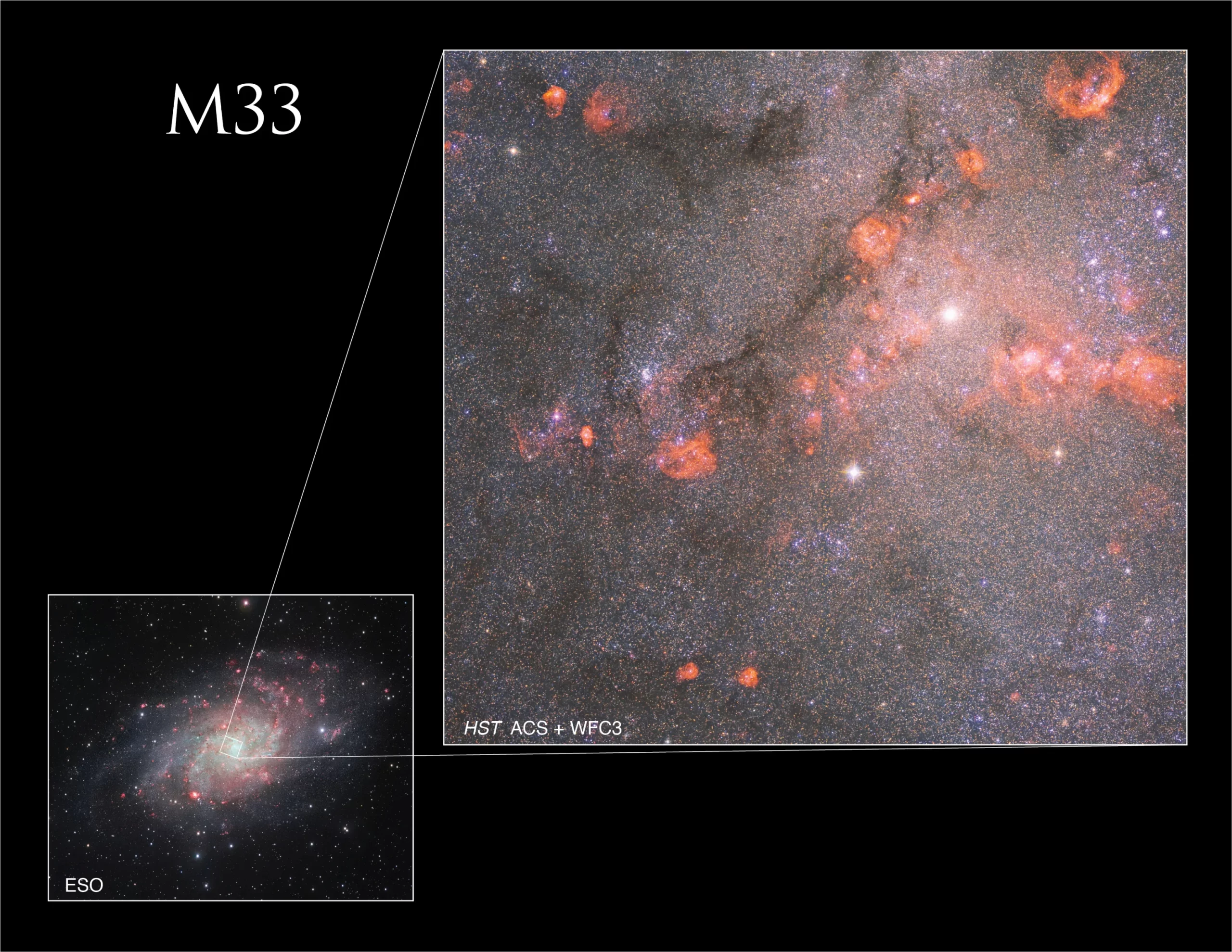 This image inset displays Hubble’s detailed observation of the core of galaxy M33. Image credits: NASA, ESA, M. Boyer (STScI), J. Dalcanton (University of Washington), and ESO. Image processing by Gladys Kober (NASA/Catholic University of America).