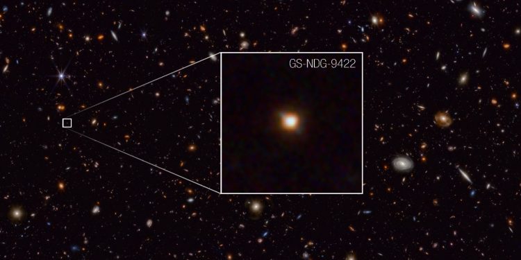 The galaxy GS-NDG-9422. Image Credit: NASA, ESA, CSA, STScI, Alex Cameron (Oxford).