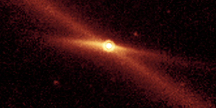 A Spitzer image of Encke and its debris trail in infrared light.