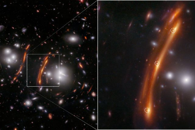 NASA’s James Webb Space Telescope captured a remarkable image of galaxy cluster PLCK G165.7+67.0, showcasing how a foreground cluster, located 3.6 billion light-years from Earth, magnifies the distant universe through gravitational lensing. The zoomed-in section highlights supernova H0pe, which appears three times due to this lensing effect, marked by white dashed circles. The colors in the image represent various infrared wavelengths: blue (0.9, 1.15, 1.5 microns), green (2.0, 2.77 microns), and red (3.56, 4.1, 4.44 microns). Image Credits: NASA, ESA, CSA, STScI, B. Frye (University of Arizona), R. Windhorst (Arizona State University), S. Cohen (Arizona State University), J. D'Silva (University of Western Australia), A. Koekemoer (Space Telescope Science Institute), J. Summers (Arizona State University).