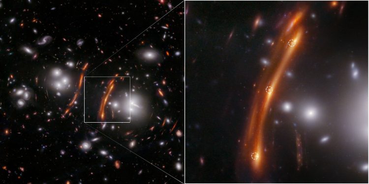 NASA’s James Webb Space Telescope captured a remarkable image of galaxy cluster PLCK G165.7+67.0, showcasing how a foreground cluster, located 3.6 billion light-years from Earth, magnifies the distant universe through gravitational lensing. The zoomed-in section highlights supernova H0pe, which appears three times due to this lensing effect, marked by white dashed circles. The colors in the image represent various infrared wavelengths: blue (0.9, 1.15, 1.5 microns), green (2.0, 2.77 microns), and red (3.56, 4.1, 4.44 microns). Image Credits: NASA, ESA, CSA, STScI, B. Frye (University of Arizona), R. Windhorst (Arizona State University), S. Cohen (Arizona State University), J. D'Silva (University of Western Australia), A. Koekemoer (Space Telescope Science Institute), J. Summers (Arizona State University).