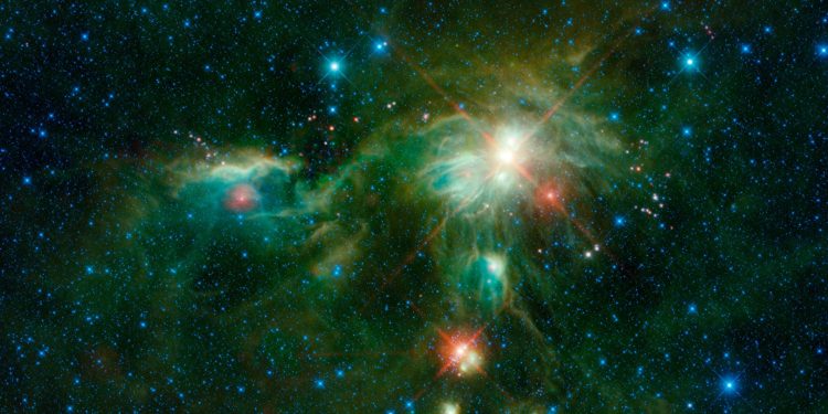 This infrared WISE image displays the Monoceros R2 molecular cloud, where stars are born. Credit: NASA/JPL-Caltech/IPAC.