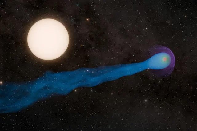 A groundbreaking study has uncovered that the gas giant exoplanet WASP-69 b is trailing an extraordinary tail of gas spanning an incredible 350,000 miles. This dramatic feature forms as the planet’s superheated atmosphere escapes, a result of its close orbit around its star. Stellar winds then sweep the leaking gas into a long, visually striking tail stretching deep into space. (Image credit: NASA/JPL-Caltech/R. Hurt (IPAC)).