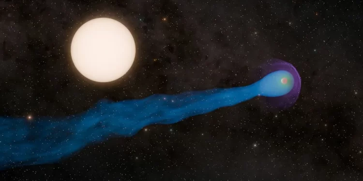 A groundbreaking study has uncovered that the gas giant exoplanet WASP-69 b is trailing an extraordinary tail of gas spanning an incredible 350,000 miles. This dramatic feature forms as the planet’s superheated atmosphere escapes, a result of its close orbit around its star. Stellar winds then sweep the leaking gas into a long, visually striking tail stretching deep into space. (Image credit: NASA/JPL-Caltech/R. Hurt (IPAC)).