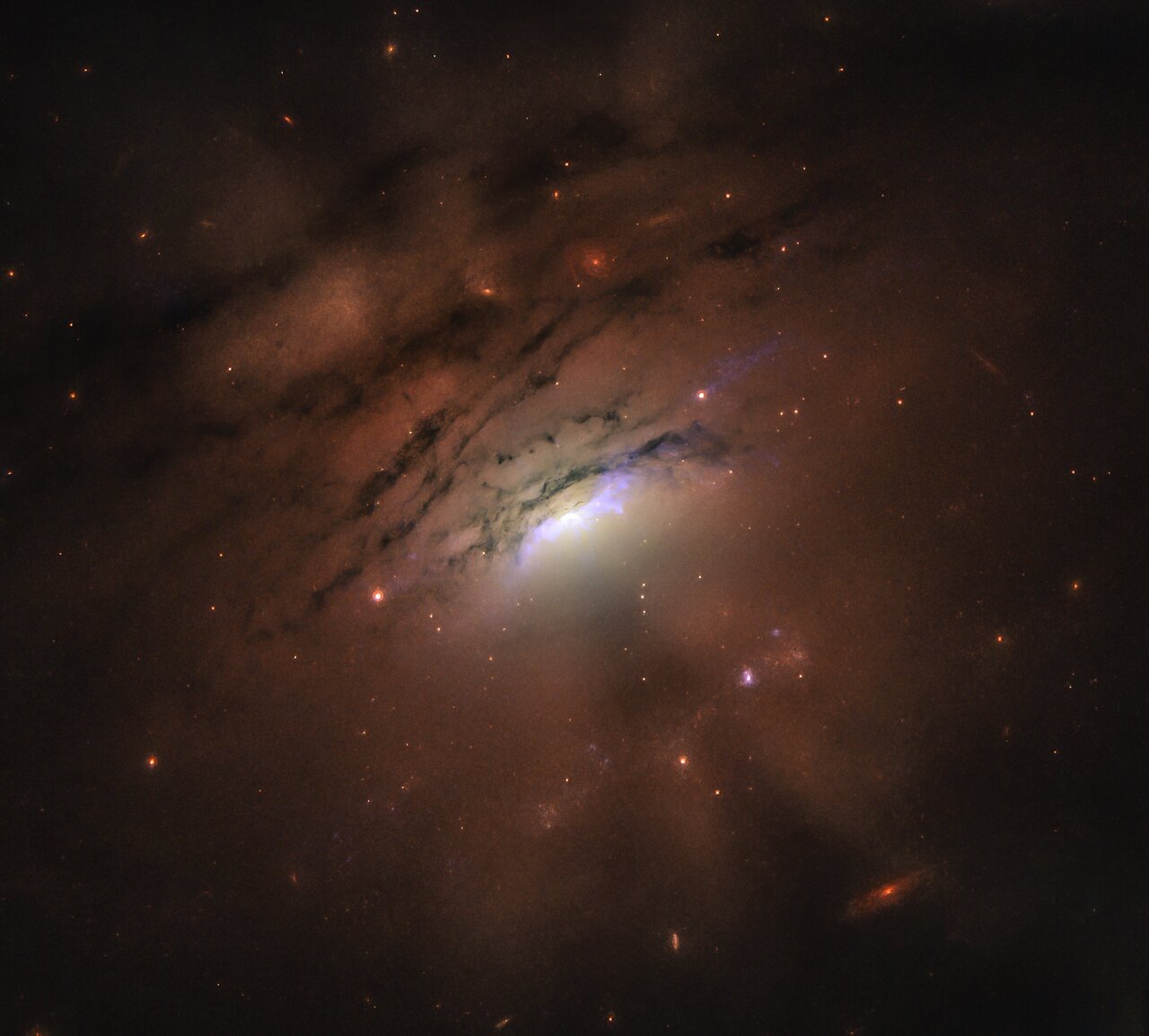 This striking image of galaxy IC 5063 showcases brilliant, narrow rays of light and contrasting dark shadows radiating from the galaxy’s intensely bright core, spanning an astonishing 36,000 light-years.Astronomers have traced these dramatic beams to an active supermassive black hole at the galaxy’s center. As the black hole consumes surrounding material, it heats the infalling gas to extreme temperatures, unleashing a torrent of light. Among the theories proposed to explain this phenomenon, one of the most fascinating suggests that a torus—a thick, ring-shaped band of dust encircling the black hole—casts these shadows into the vast expanse of space.

IC 5063 lies approximately 156 million light-years from Earth.

Credit: NASA, ESA, and W.P. Maksym (CfA)