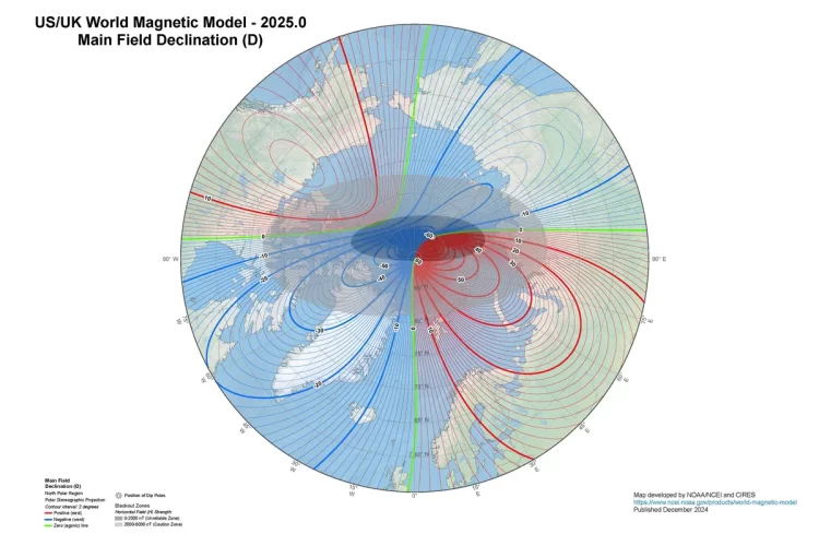 The World Magnetic Model 2025 is a cutting-edge resource designed to monitor the ongoing shifts in Earth’s magnetic field, ensuring accurate navigation and scientific insight into our planet’s dynamic core. Image Credit: NOAA/NCEI