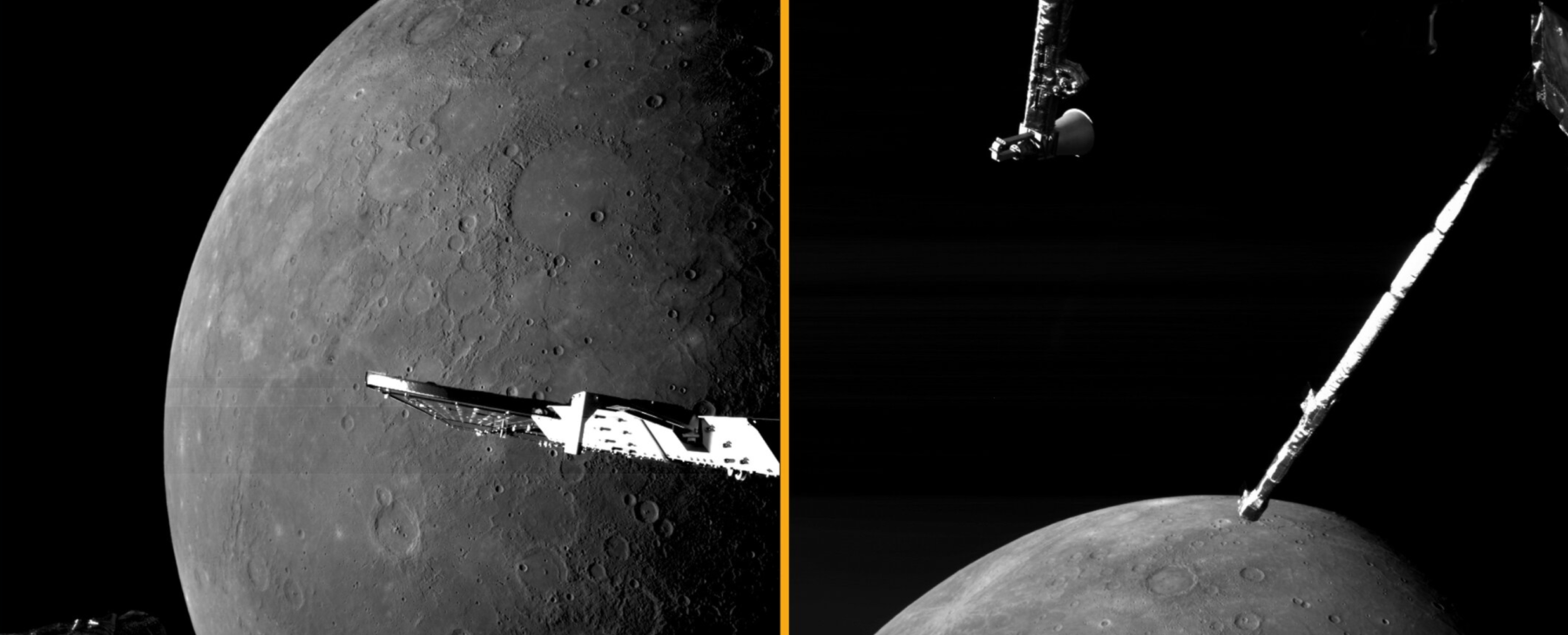 BepiColombo spacecraft and Mercury’s cratered surface in a composite image from the mission