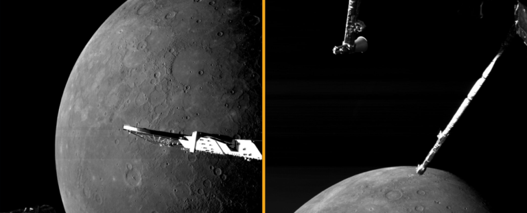 BepiColombo spacecraft and Mercury’s cratered surface in a composite image from the mission