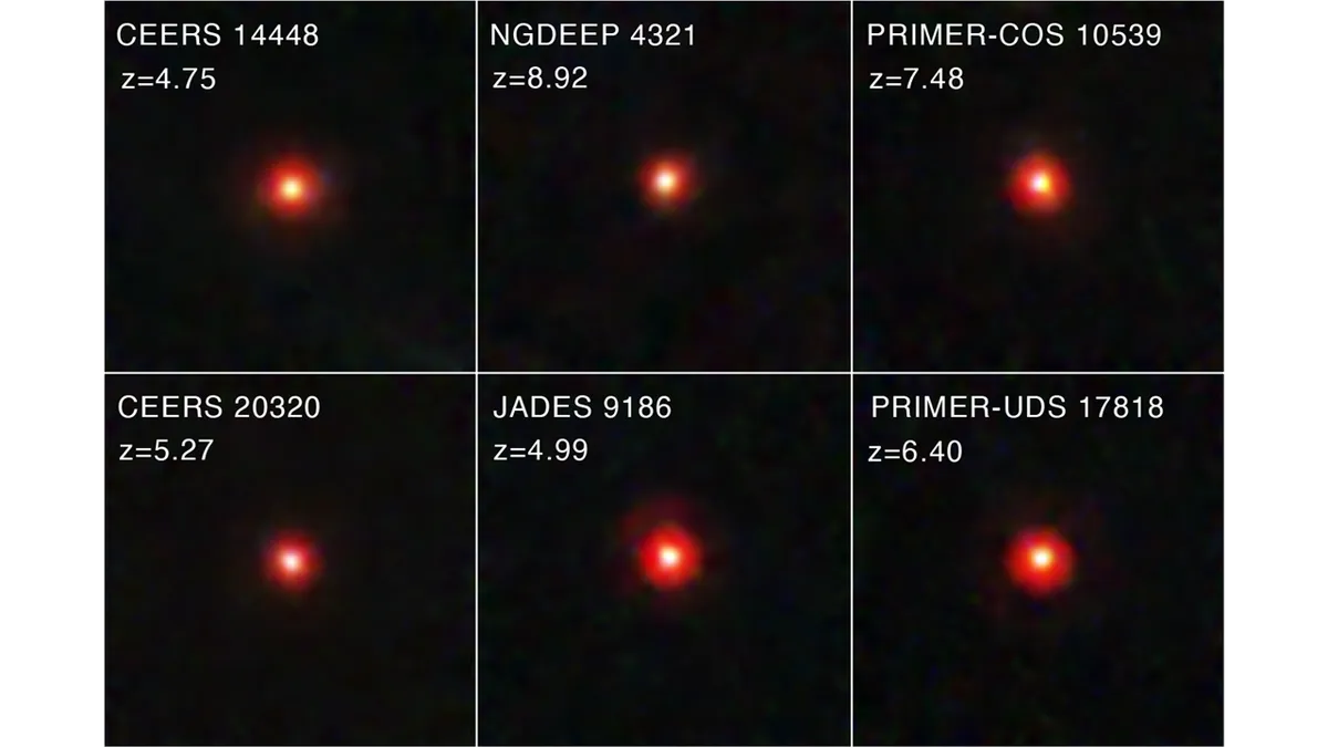 This stunning visualization showcases six "Little Red Dots," mysterious galaxies observed at various stages of their cosmic journey. The name couldn’t be more fitting for these intriguing objects that continue to challenge our understanding of the early universe.Image Credit: NASA, ESA, CSA, STScI, Dale Kocevski (Colby College).