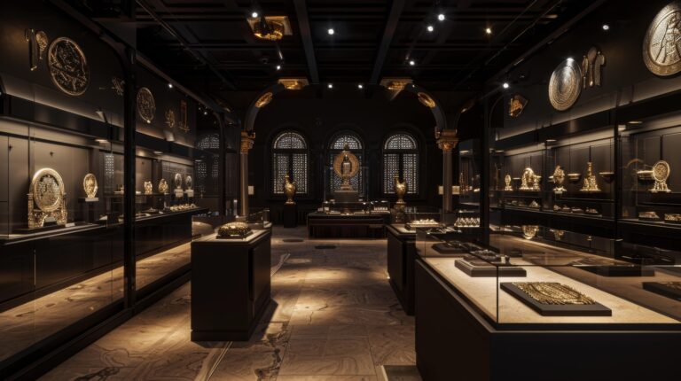 Illustration of ancient artifacts displayed in a museum gallery.