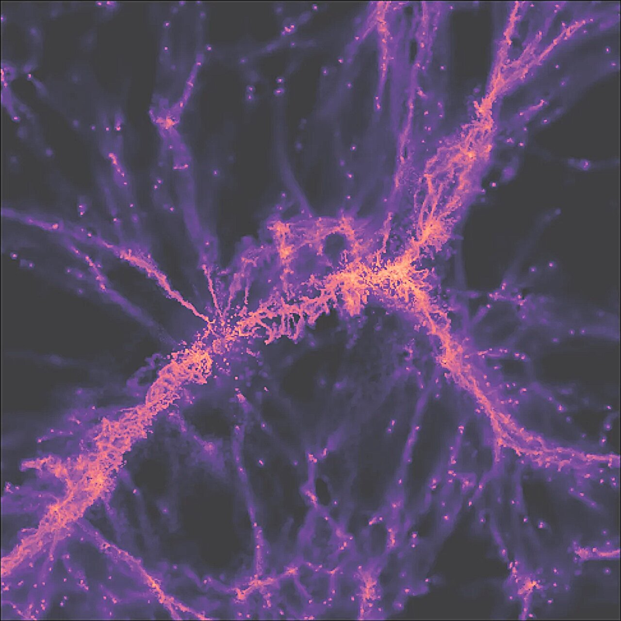 The image captures the diffuse gas (ranging from yellow to purple) within a vast cosmic filament stretching 3 million light-years, linking two galaxies (marked as yellow stars). Credit: Davide Tornotti / University of Milano-Bicocca