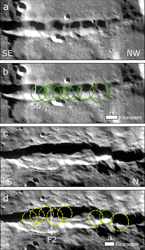 Images A and B show the deepest sections of Vallis Schrödinger. Images C and D show the deepest sections of Vallis Planck. Credit: David A. Kring et al. / Nature Communications, 2025