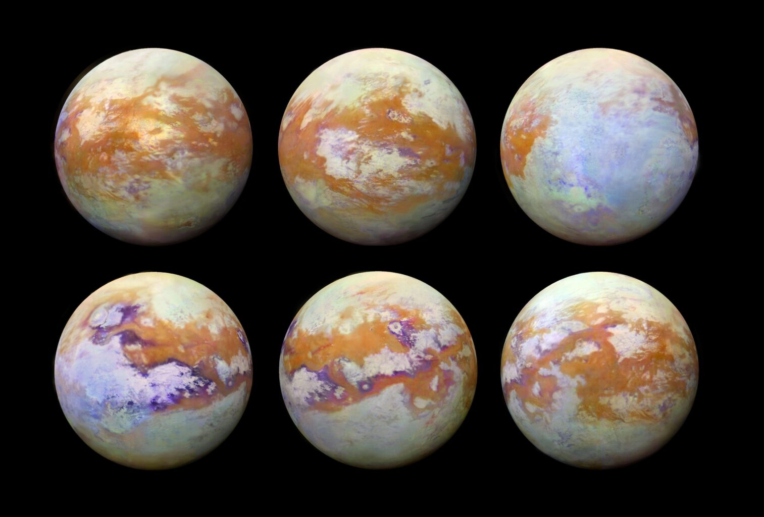 Infrared views of Titan's surface made from data by the VIMS instrument. Credit: University of Arizona/LPL