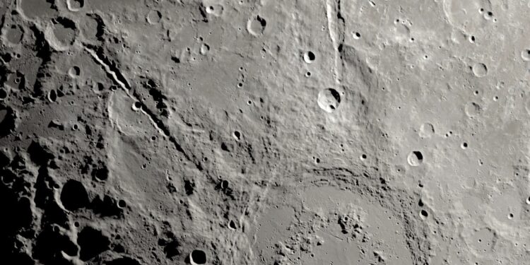 Moon's grand canyons next to the Schrodinger impact crater. Credit: NASA/SVS/Ernie T. Wright