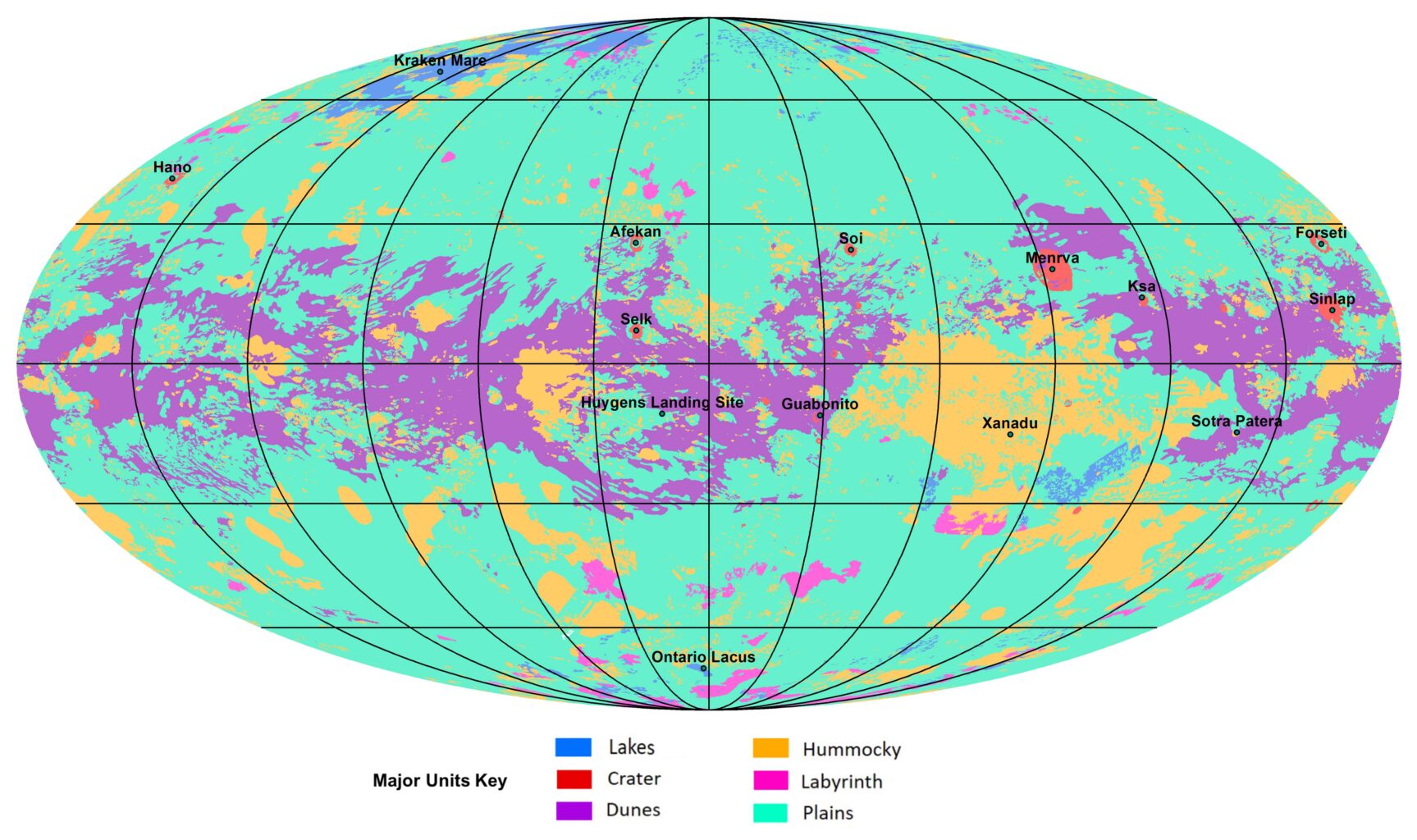 A Geologic map of Titan made with data from the Cassini-Huygens mission. Credit: Arizona State University/JPL