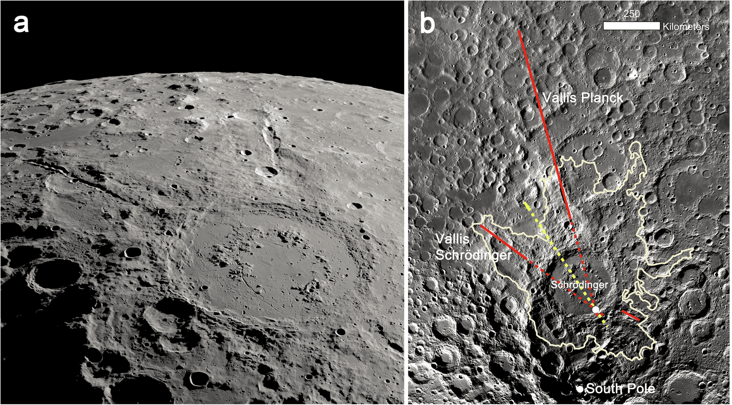 Impact structure view and map showing the motion of the impactor (yellow line) and the axes of Vallis Planck and Vallis Schrödinger (red lines). Credit: David A. Kring et al. / Nature Communications, 2025