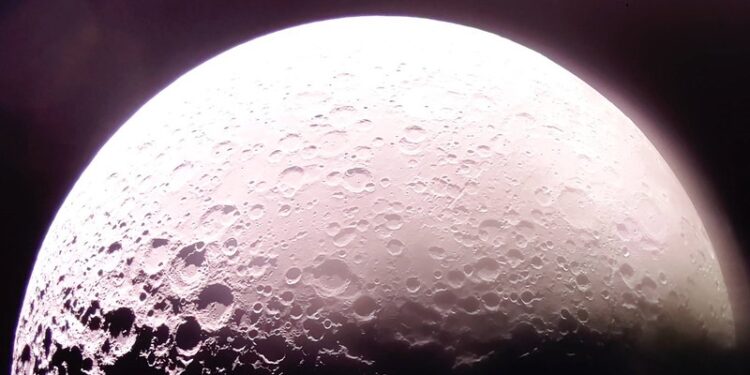 While orbiting the Moon, Firefly Aerospace’s Blue Ghost lander captured a remarkable image featuring the Moon’s south pole, visible on the far left of the frame. The photo, taken during its orbital journey, provides a rare perspective of this remote and scientifically significant region. Credit: Firefly Aerospace.