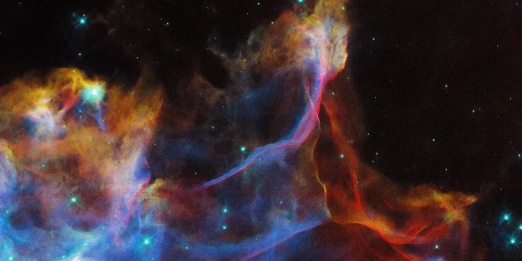 A breathtaking image captured by the NASA/ESA Hubble Space Telescope showcases the intricate remains of a stellar explosion known as the Veil Nebula. Credit: ESA/Hubble & NASA, R. Sankrit.