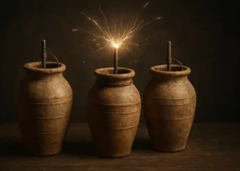 Illustration of Baghdad Batteries producing sparks. Credit: Curiosmos.