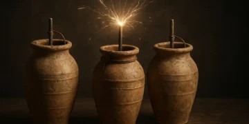 Illustration of Baghdad Batteries producing sparks. Credit: Curiosmos.