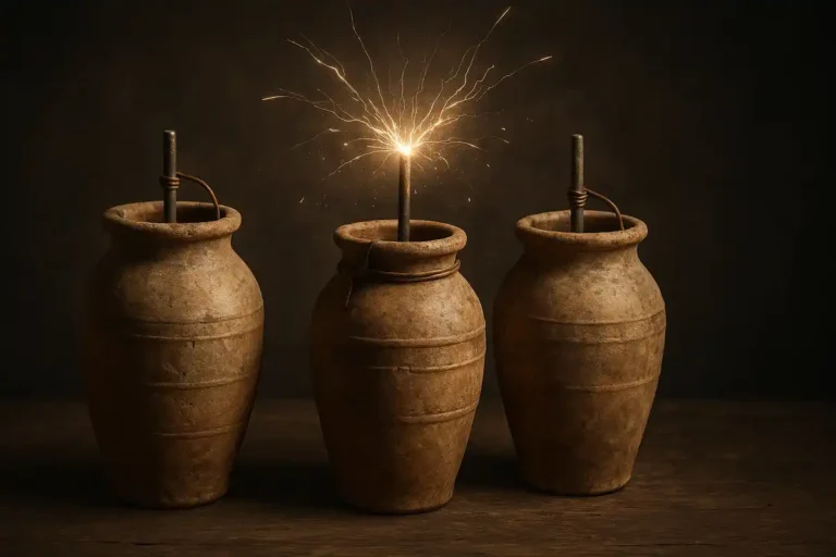 Illustration of Baghdad Batteries producing sparks. Credit: Curiosmos.