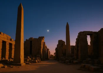 An illustration of Obelisks, an ancinet Egyptian town and a star in the distance representing Sirius. Credit: Curiosmos.