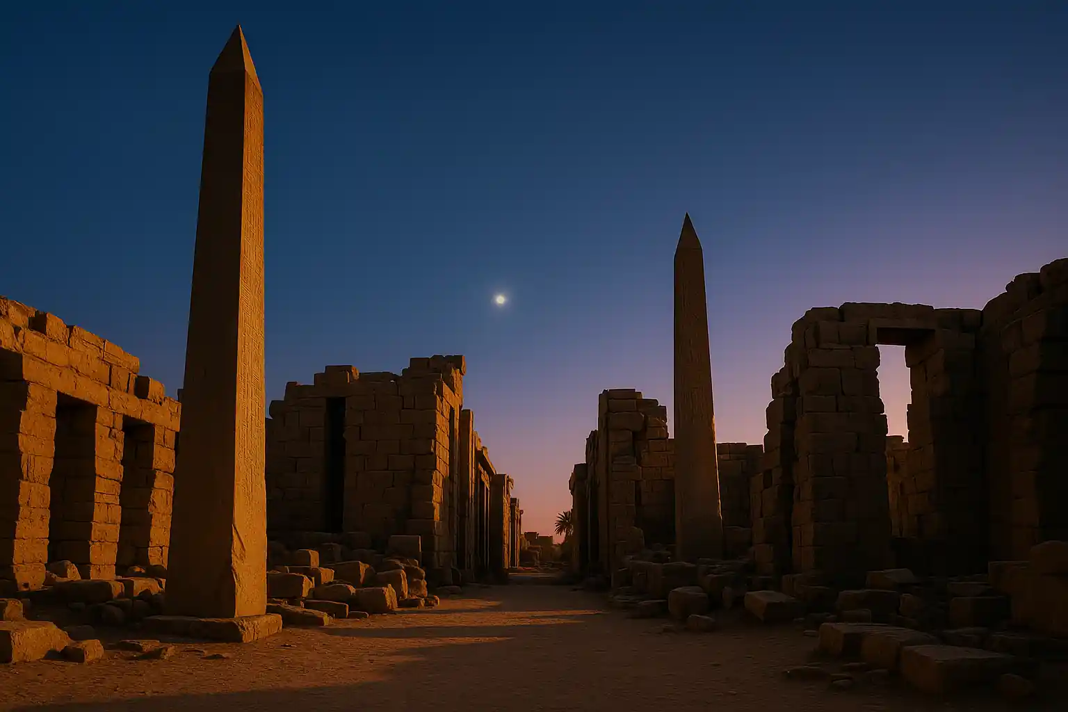 An illustration of Obelisks, an ancinet Egyptian town and a star in the distance representing Sirius. Credit: Curiosmos.