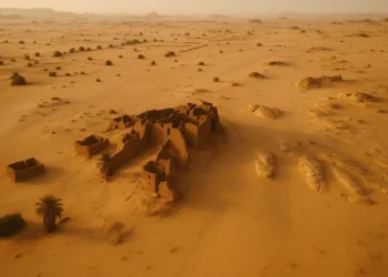 An artistic rendering of a lost city in the desert.