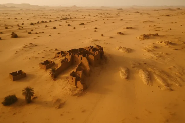 An artistic rendering of a lost city in the desert.